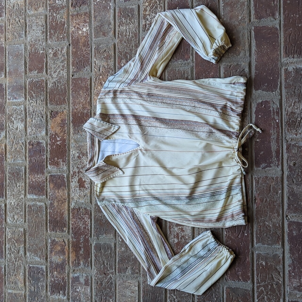 Vintage 1970s Polyester Beige Striped Long Sleeve Drawstring Waist Blouse
